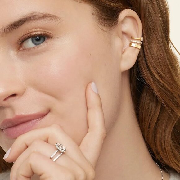 Diamond Ear Cuff Set Non Piercing Clip-On Cartilage Cubic Zirconia Earring - Picture 2 of 7